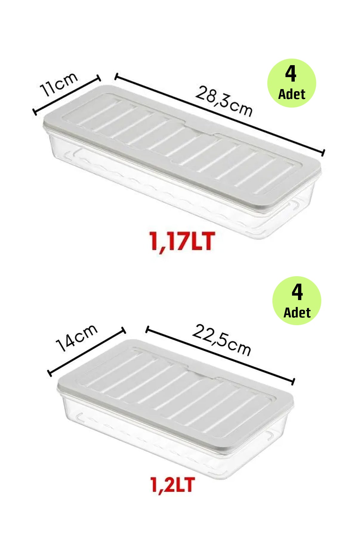 Buzdolabı ve Buzluk Düzenleyici 8'li Hava Almaz Saklama Kabı Seti 4x1170ML 4x1200ML