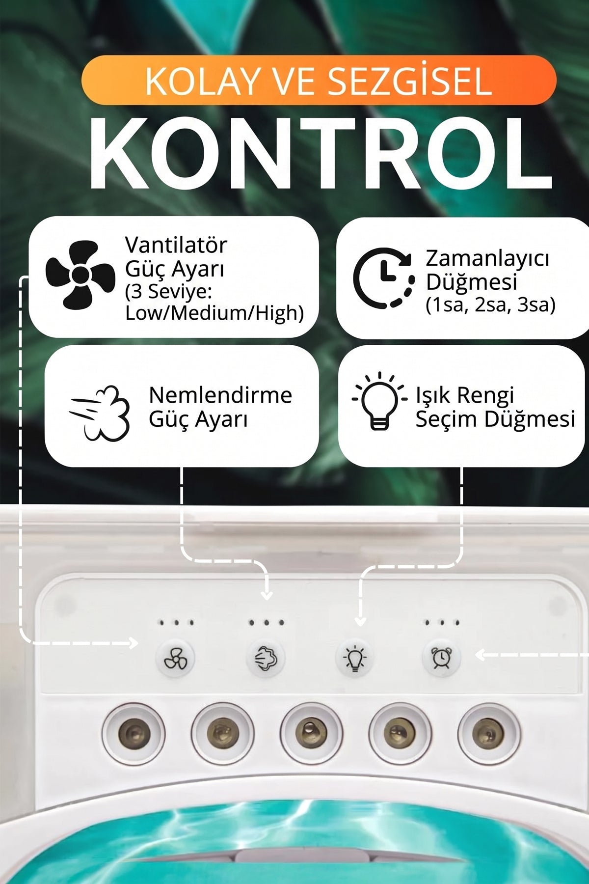 Çok Fonksiyonlu Su Hazneli Vantilatör - Nemlendirici, Aromaterapi ve 7 Renk Taşınabilir USB Tip-C