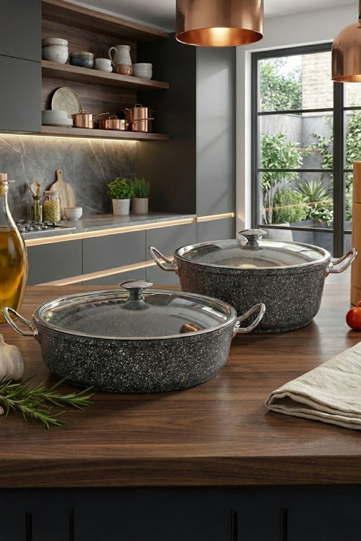 24 Cm Derin ve 24 Cm Pilav Karnıyarık Granit Döküm Tencere Seti Fırına Uygun 2'li Set