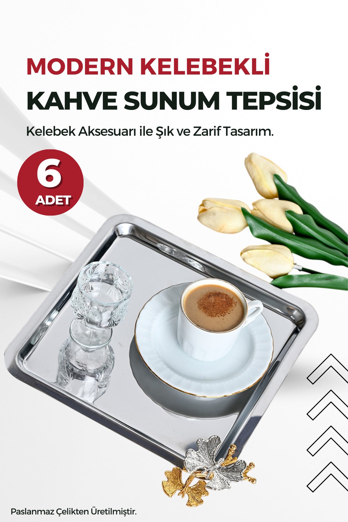 6'Lı Kelebek Aksesuarlı Kare Paslanmaz Çelik Kahve Sunum Tepsisi