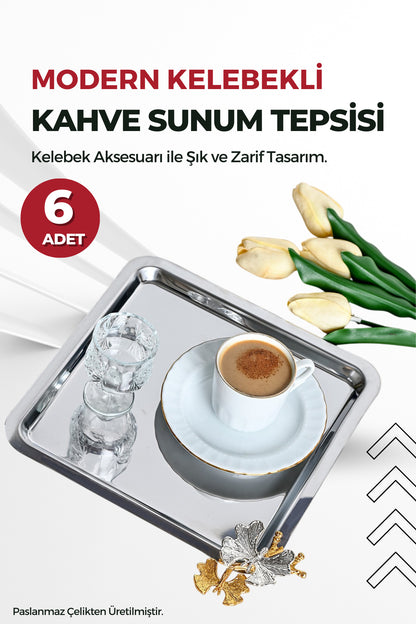 6'Lı Kelebek Aksesuarlı Kare Paslanmaz Çelik Kahve Sunum Tepsisi