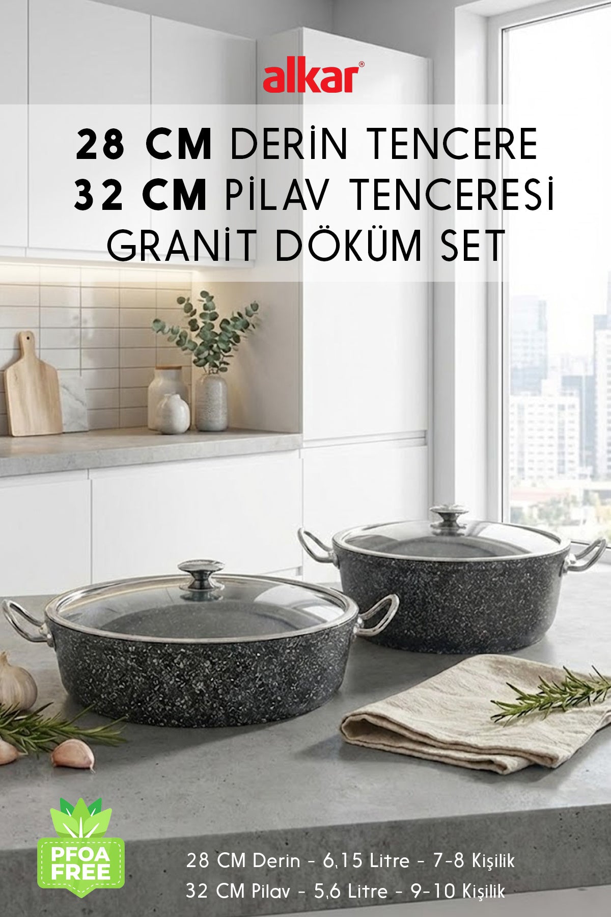 28 Cm Derin & 32 Cm Pilav Karnıyarık Granit Döküm Tencere Seti – Fırına Girebilir Büyük Boy