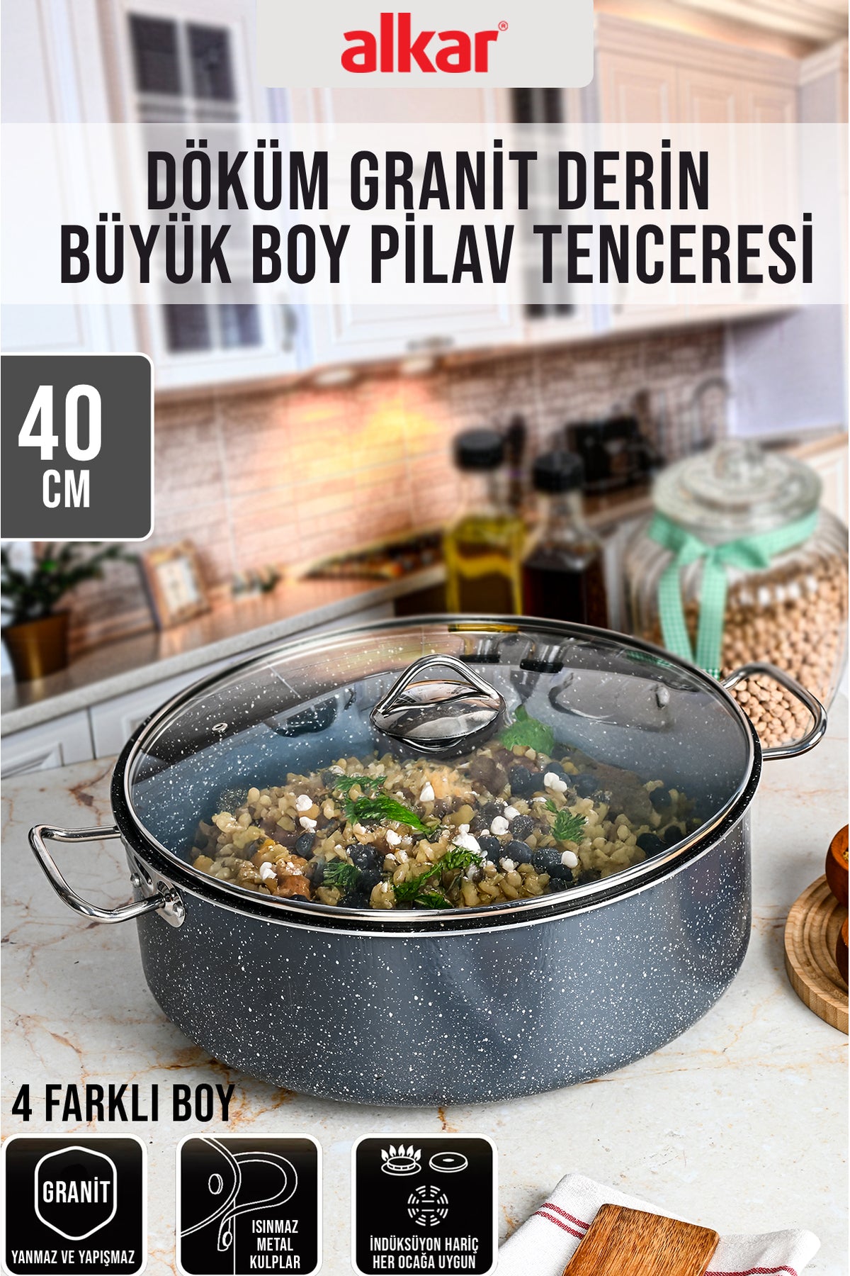 Büyük Boy Derin Döküm Granit Yanmaz Yapışmaz Sanayi Tipi Yemek Tenceresi