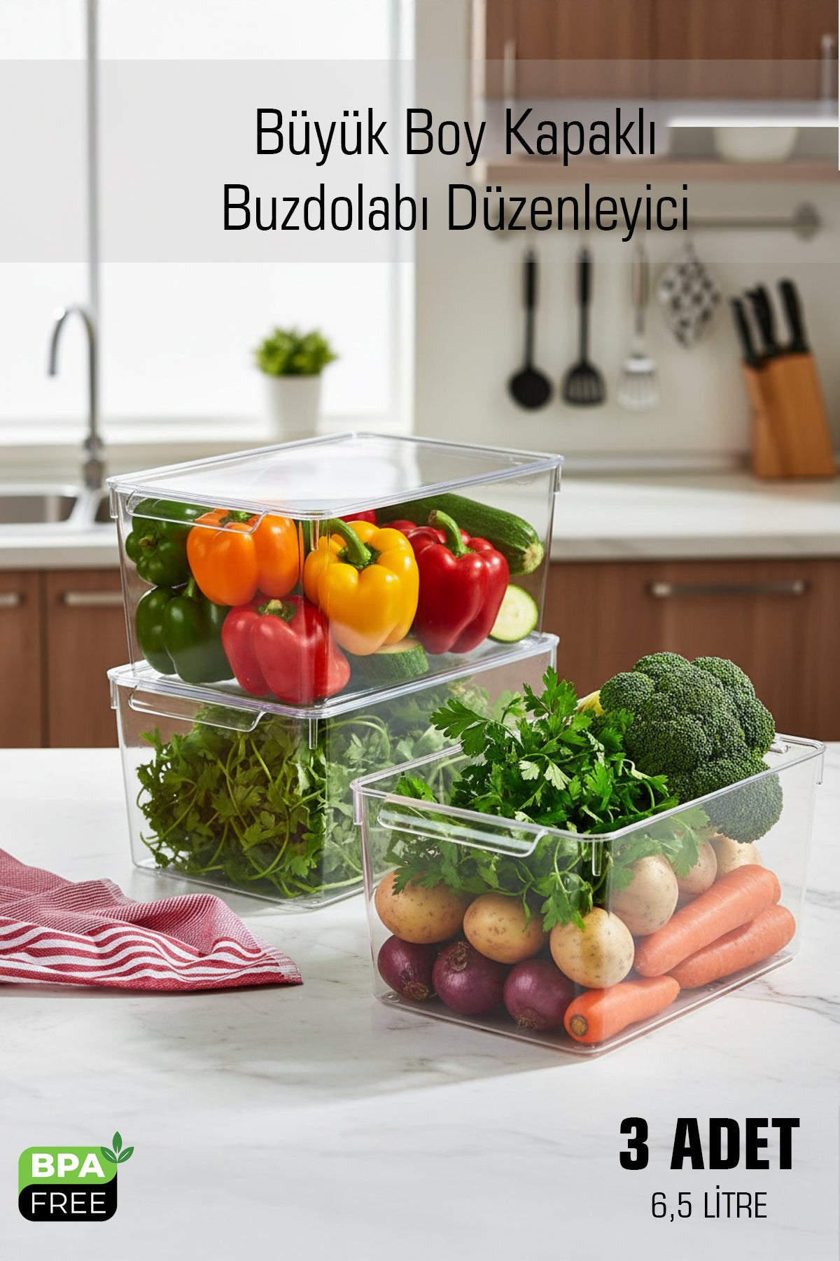 FrostyBox Büyük Boy Kapaklı Buzdolabı Düzenleyici & Dolap İçi Organizer Set 3 Adet