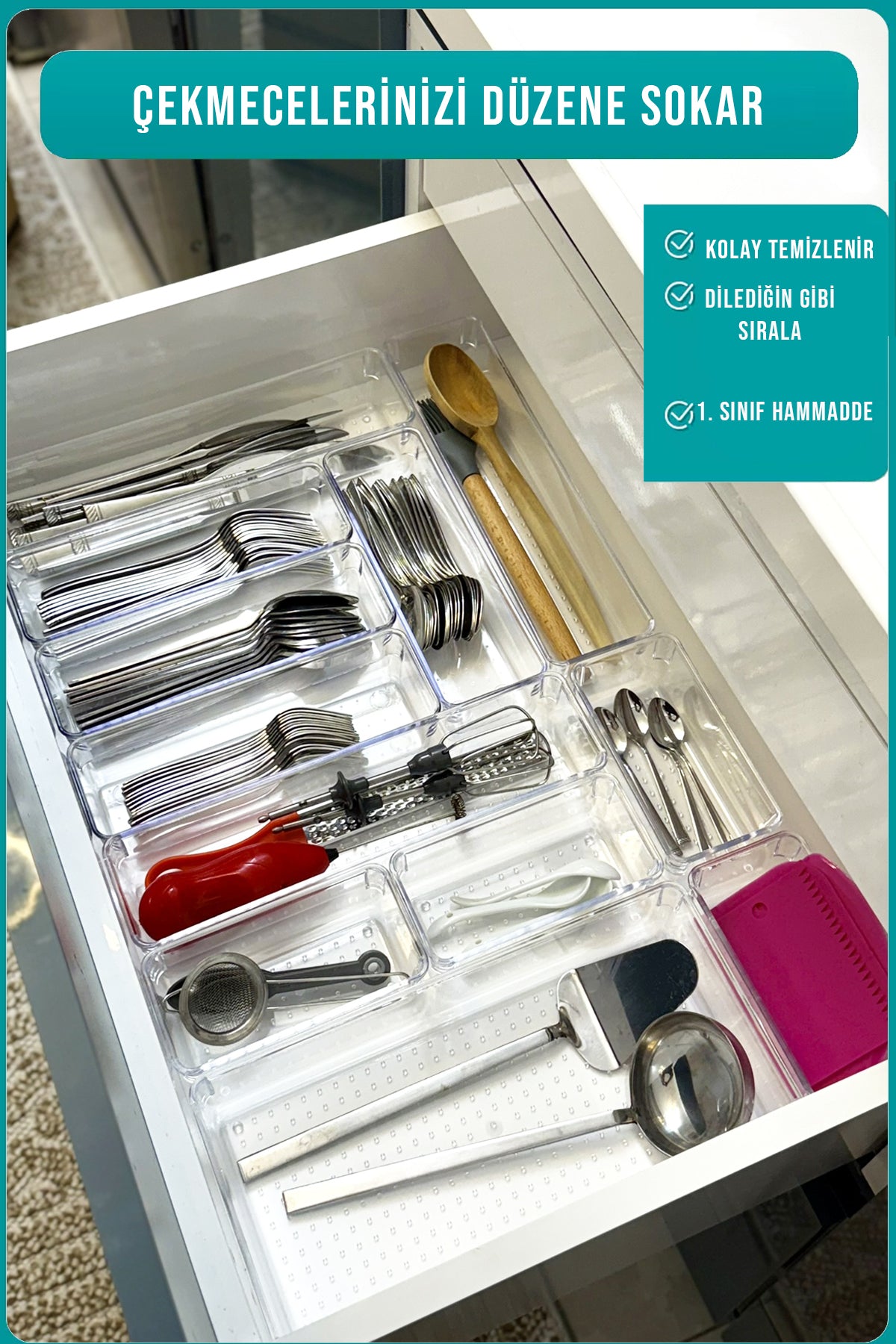 12'li Kaşık ve Kepçe Düzenleyici Modüler Organizer Çekmece İçi Düzenleyici Çift Çekmece Kullanılır