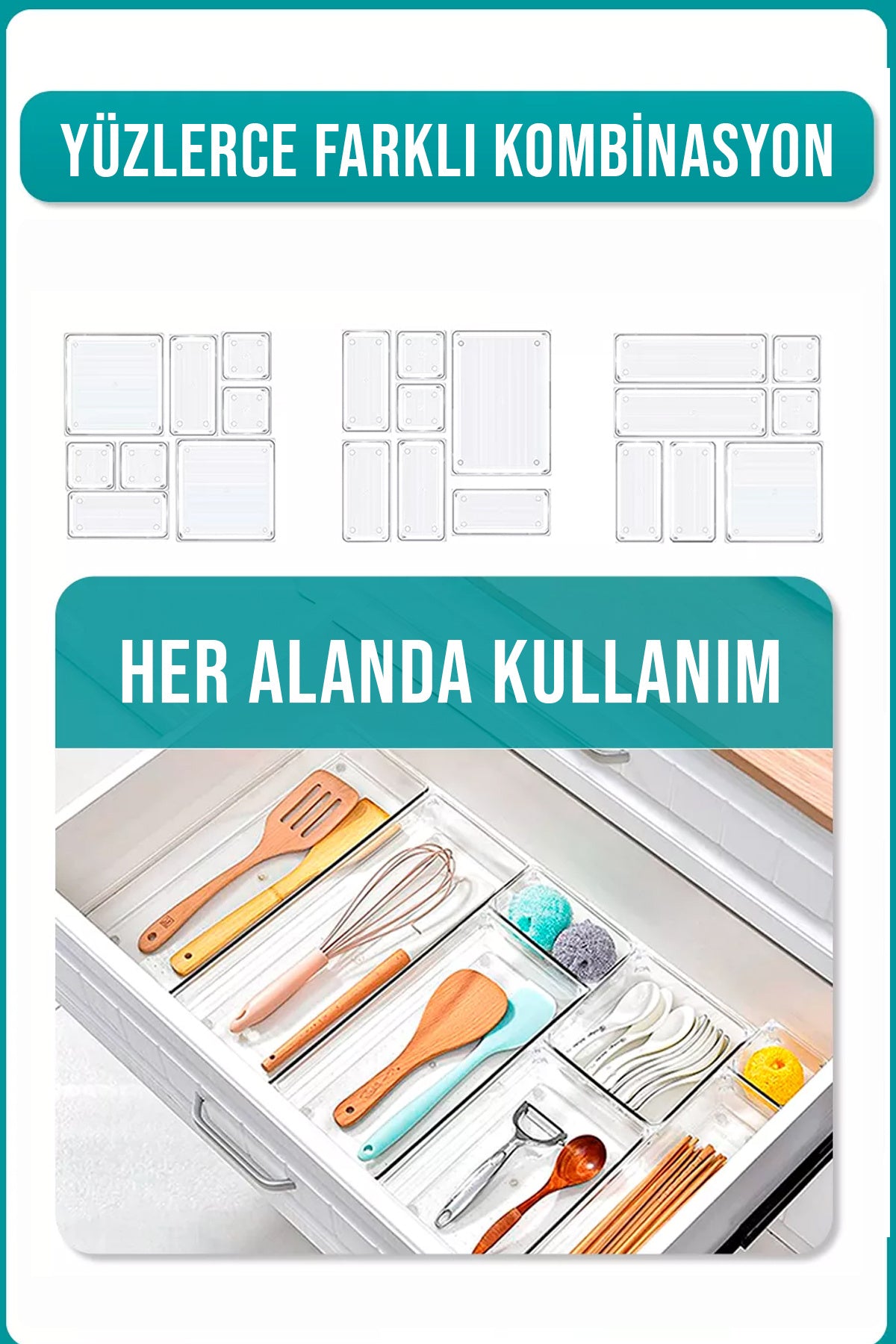 12'li Kaşık ve Kepçe Düzenleyici Modüler Organizer Çekmece İçi Düzenleyici Çift Çekmece Kullanılır