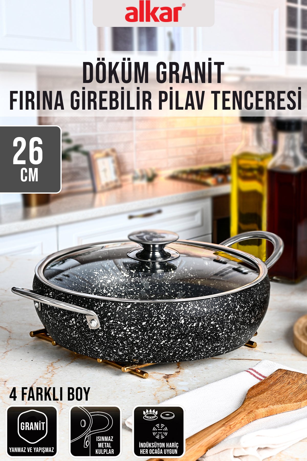 Döküm Granit Fırına Girebilir Yanmaz Yapışmaz Pilav Tenceresi