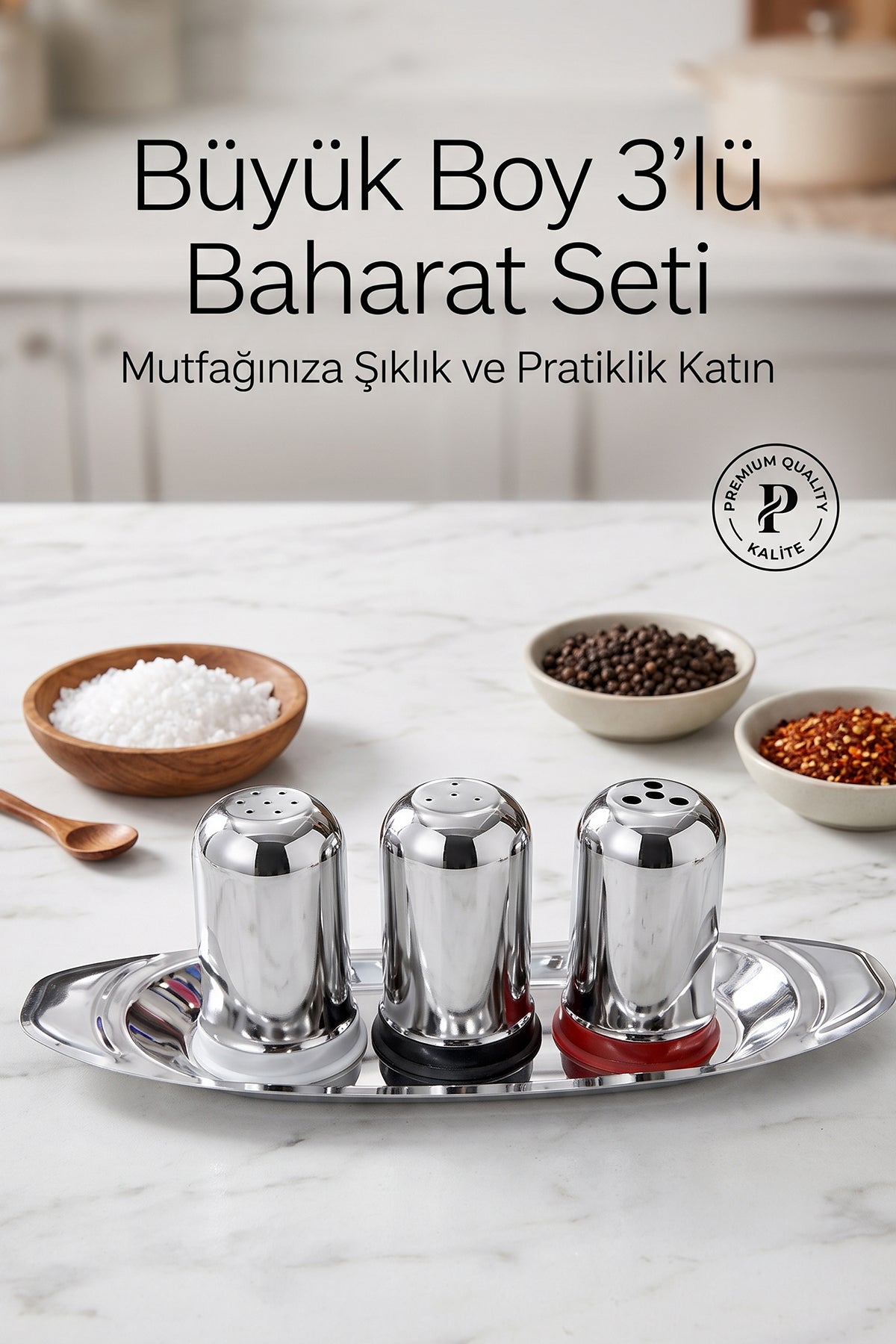 Büyük Boy Paslanmaz Çelik Gondol Baharatlık Seti 3'lü Tepsili Tuzluk Karabiberlik Pul Biberlik Takımı