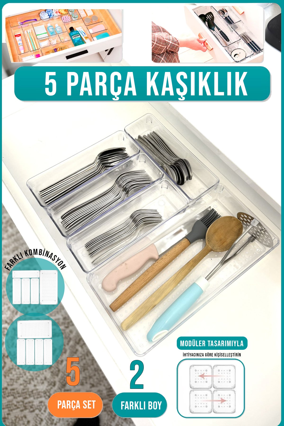 5 Parça Modüler Şeffaf Çekmece İçi Düzenleyici Kaşıklık