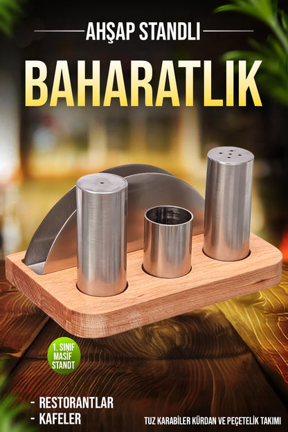 Ahşap Stantlı 4 Lü Kafe Restoran Tuzluk ve Baharatlık Seti Menaj