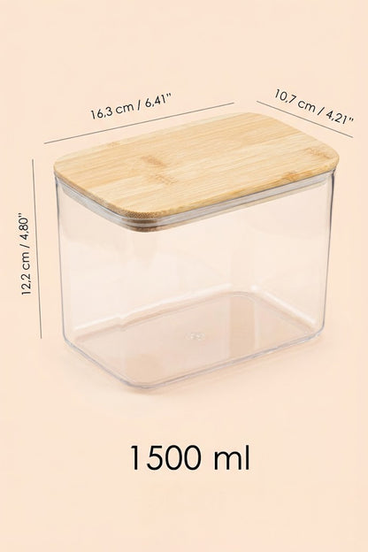 Bambu Kapaklı Dikdörtgen Hava Geçirmez Çok Amaçlı Gıda Erzak Bakliyat Saklama Kabı - 1500 ML