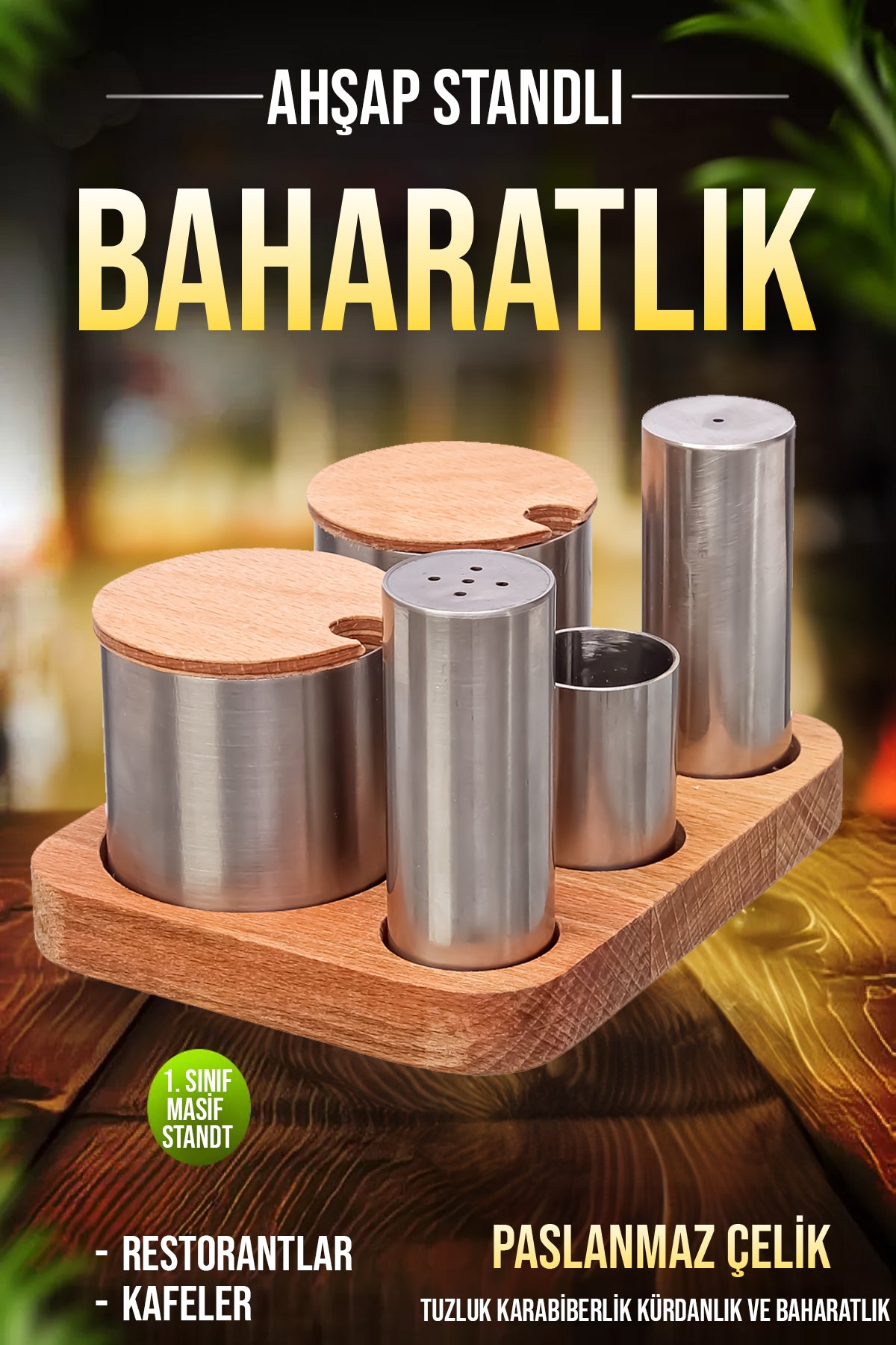 5'li Ahşap Stantlı Paslanmaz Çelik Baharatlık ve Şekerlik Seti Kafe Restorant Set