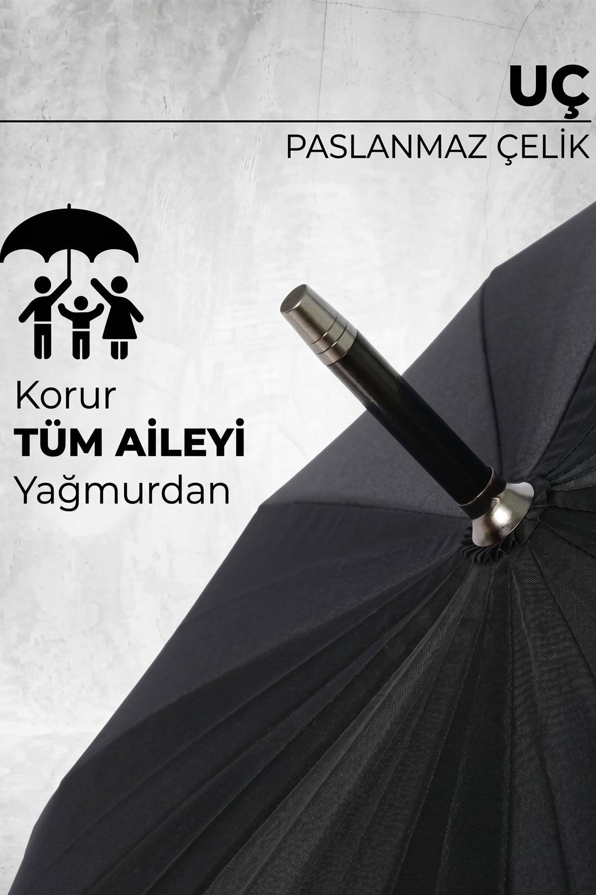 Baston Şemsiye 16 Telli Premium Kalite Geniş Kubbeli Siyah Şemsiye Kaymaz Saplı Rüzgara Dayanıklı Klasik Şemsiye