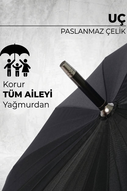 Baston Şemsiye 16 Telli Premium Kalite Geniş Kubbeli Siyah Şemsiye Kaymaz Saplı Rüzgara Dayanıklı Klasik Şemsiye
