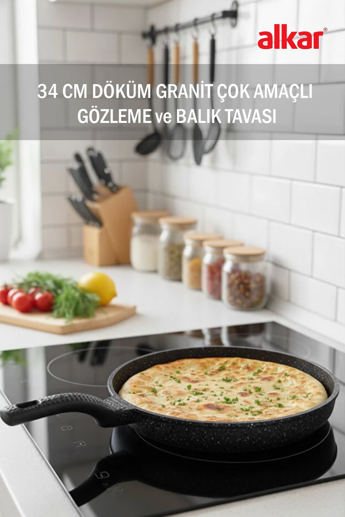 34 Cm Kapaklı Balık ve Gözleme Tavası Granit Yapışmaz Geniş Taban Büyük Boy
