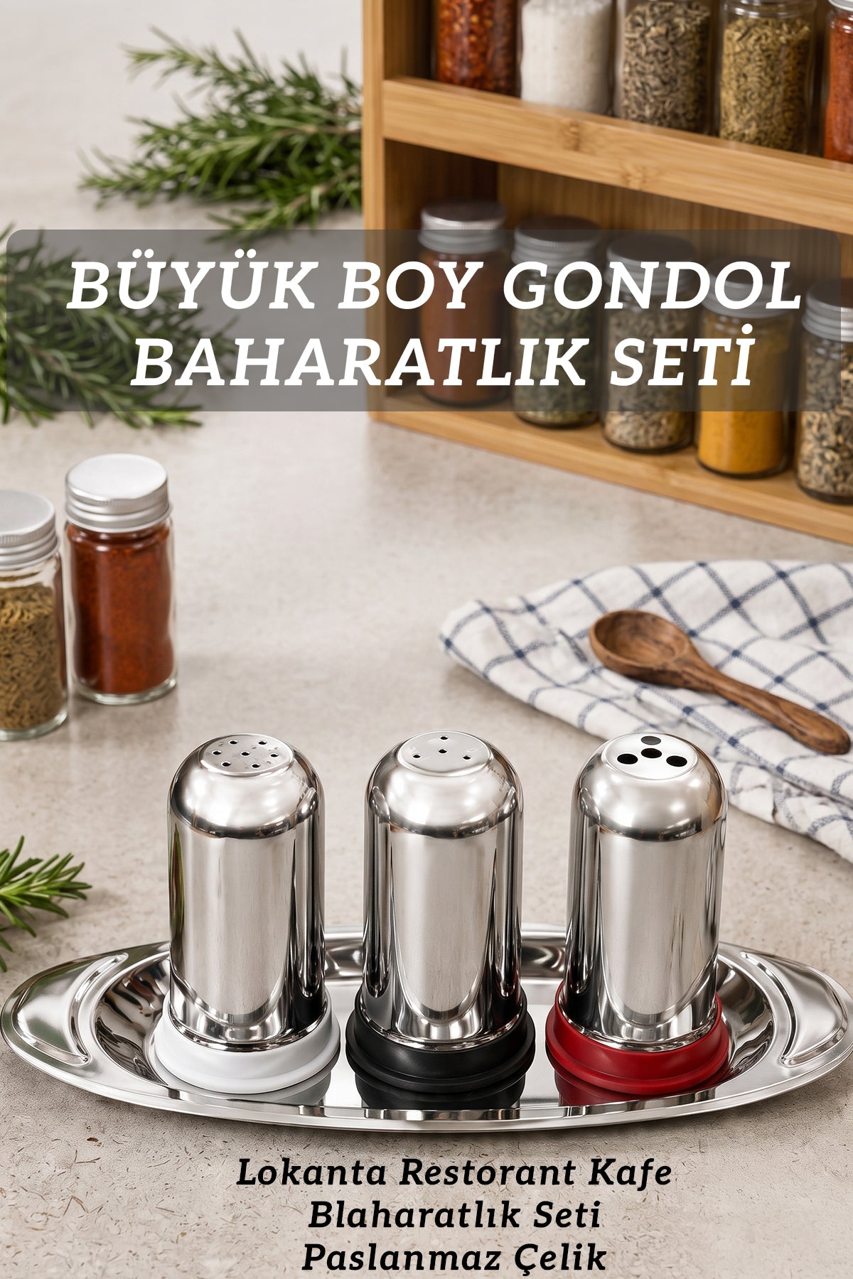 Büyük Boy Paslanmaz Çelik Gondol Baharatlık Seti 3'lü Tepsili Tuzluk Karabiberlik Pul Biberlik Takımı