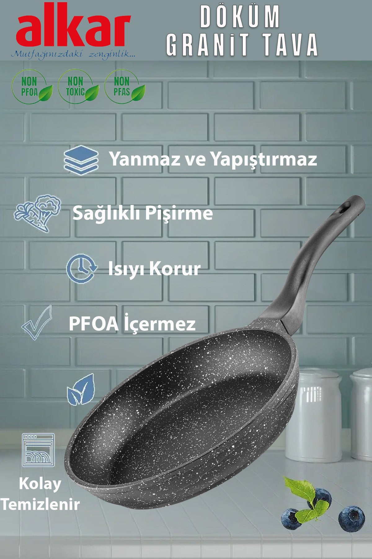 20 CM Granit Döküm Tava Yanmaz Yapışmaz Ağır Döküm