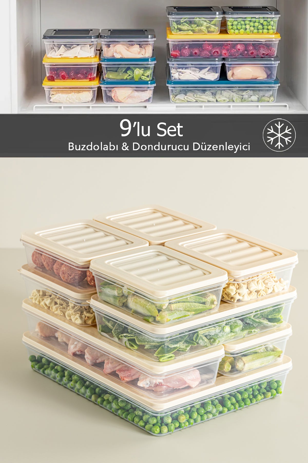 9'lu Buzdolabı ve Buzluk Hava Almaz Saklama Kabı Seti 1x2400ML 2x1170ML 2x1200ML 2x600ML