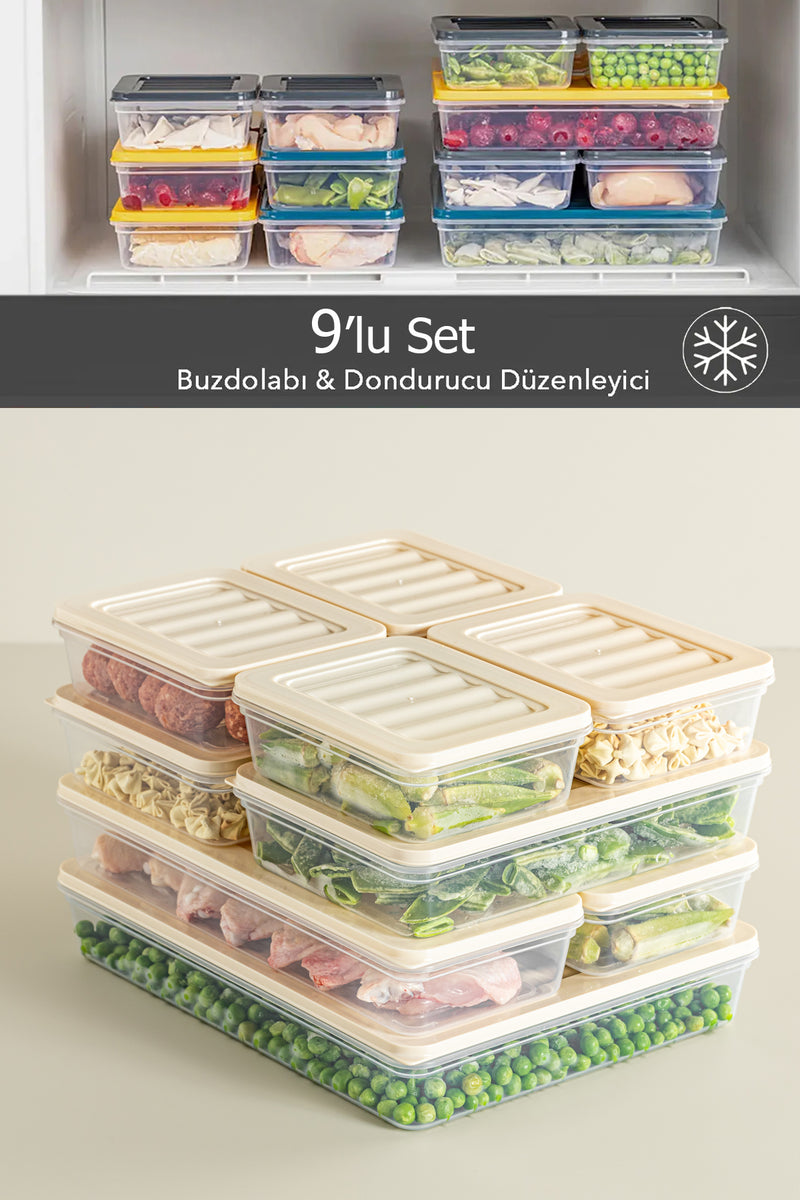 9'lu Buzdolabı ve Buzluk Hava Almaz Saklama Kabı Seti 1x2400ML 2x1170ML 2x1200ML 2x600ML