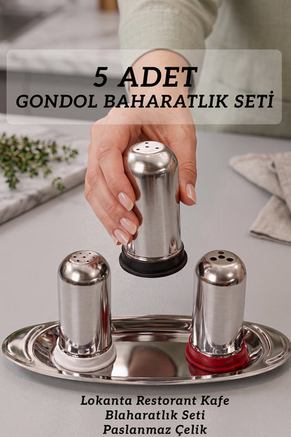 5 ADET Paslanmaz Çelik Baharatlık Seti – 3 Parça Tepsili Baharatlık Takımı, Restoran ve Ev Kullanımına Uygun