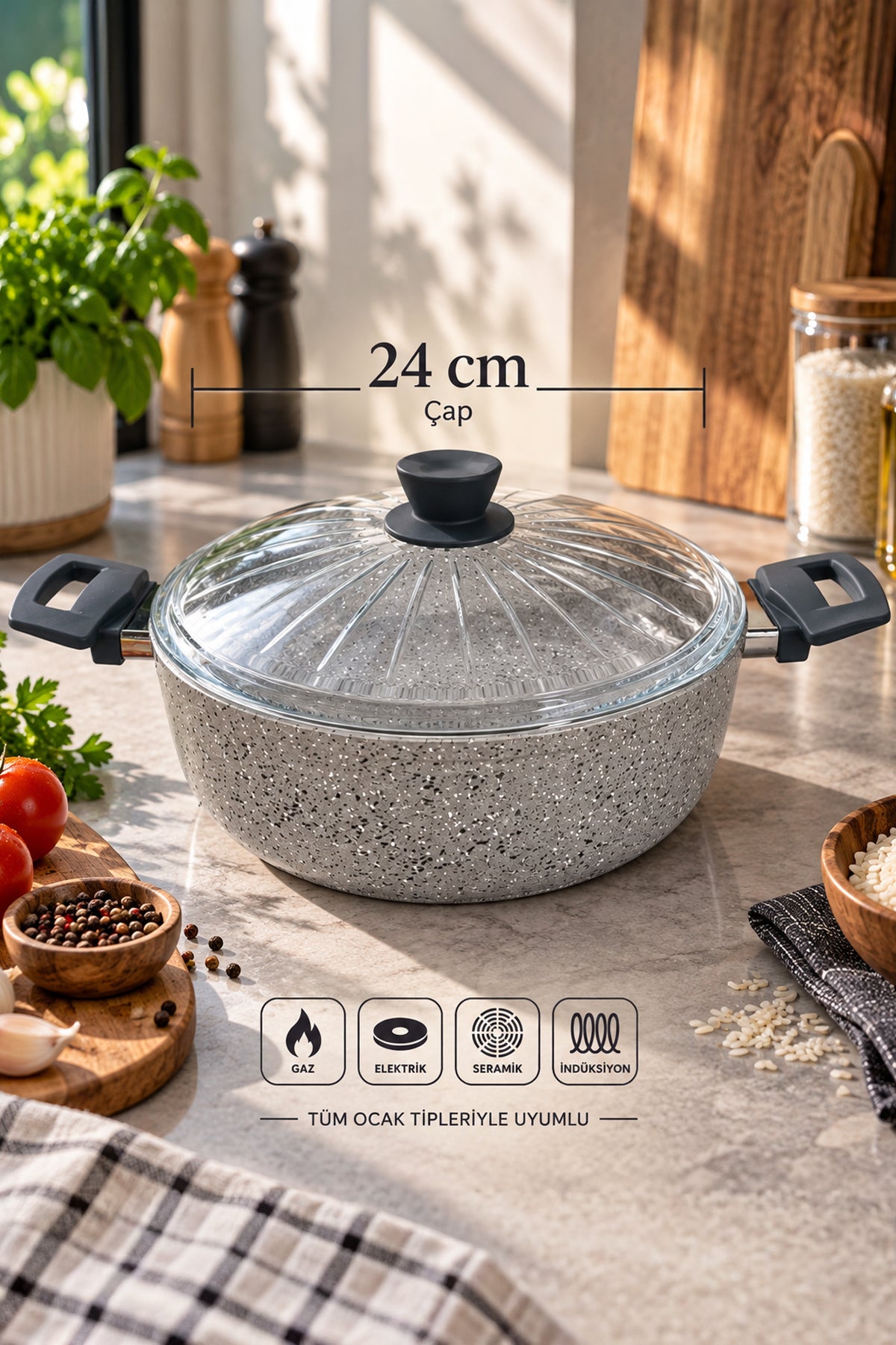24 cm İndüksiyon Tabanlı Granit Pilav Tenceresi Cam Kapaklı 3 - 5 Kişilik