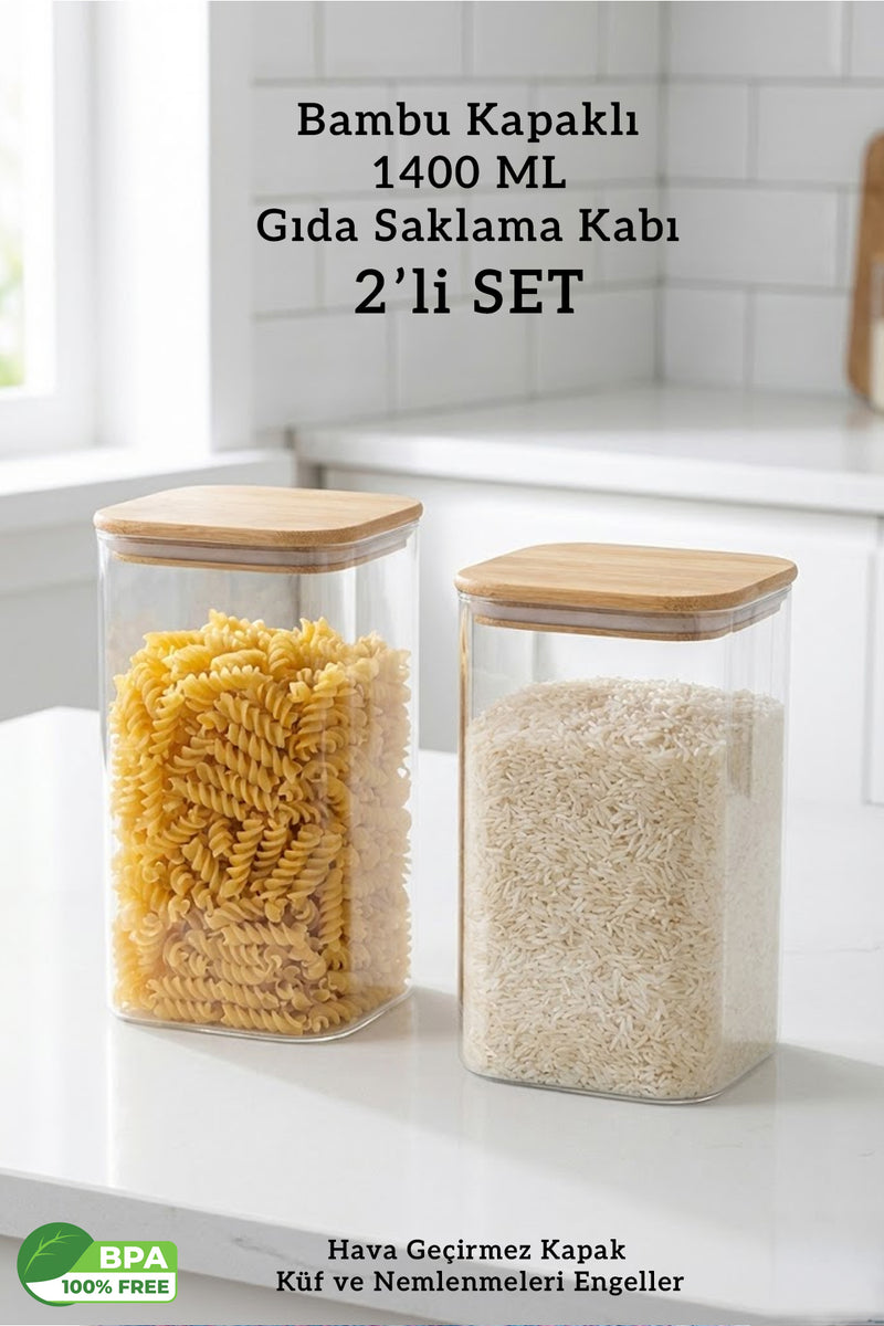 2'li Bambu Kapaklı Kare Hava Geçirmez Bakliyat Gıda Saklama Kabı - 1400 ML