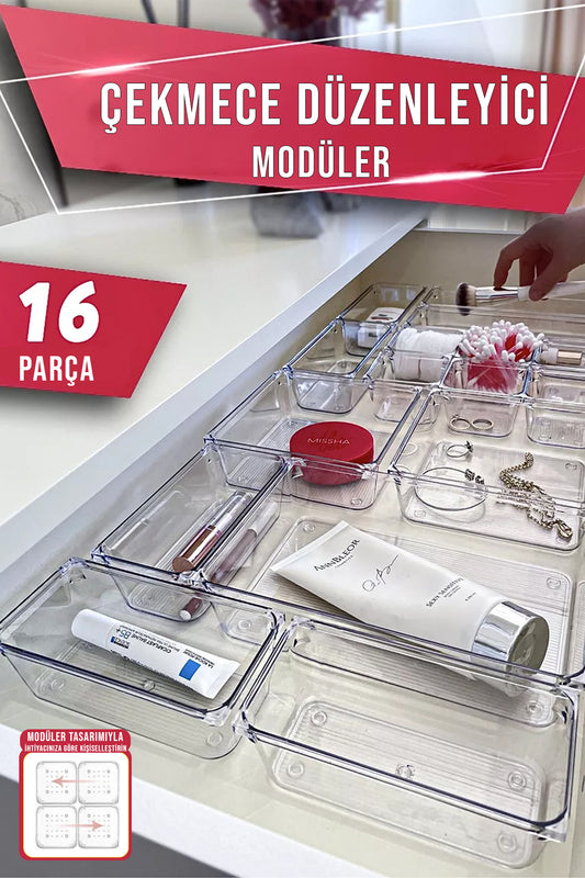 16 Parça Çok Amaçlı Makyaj Organizeri Çekmece Düzenleyici Şeffaf Modüler