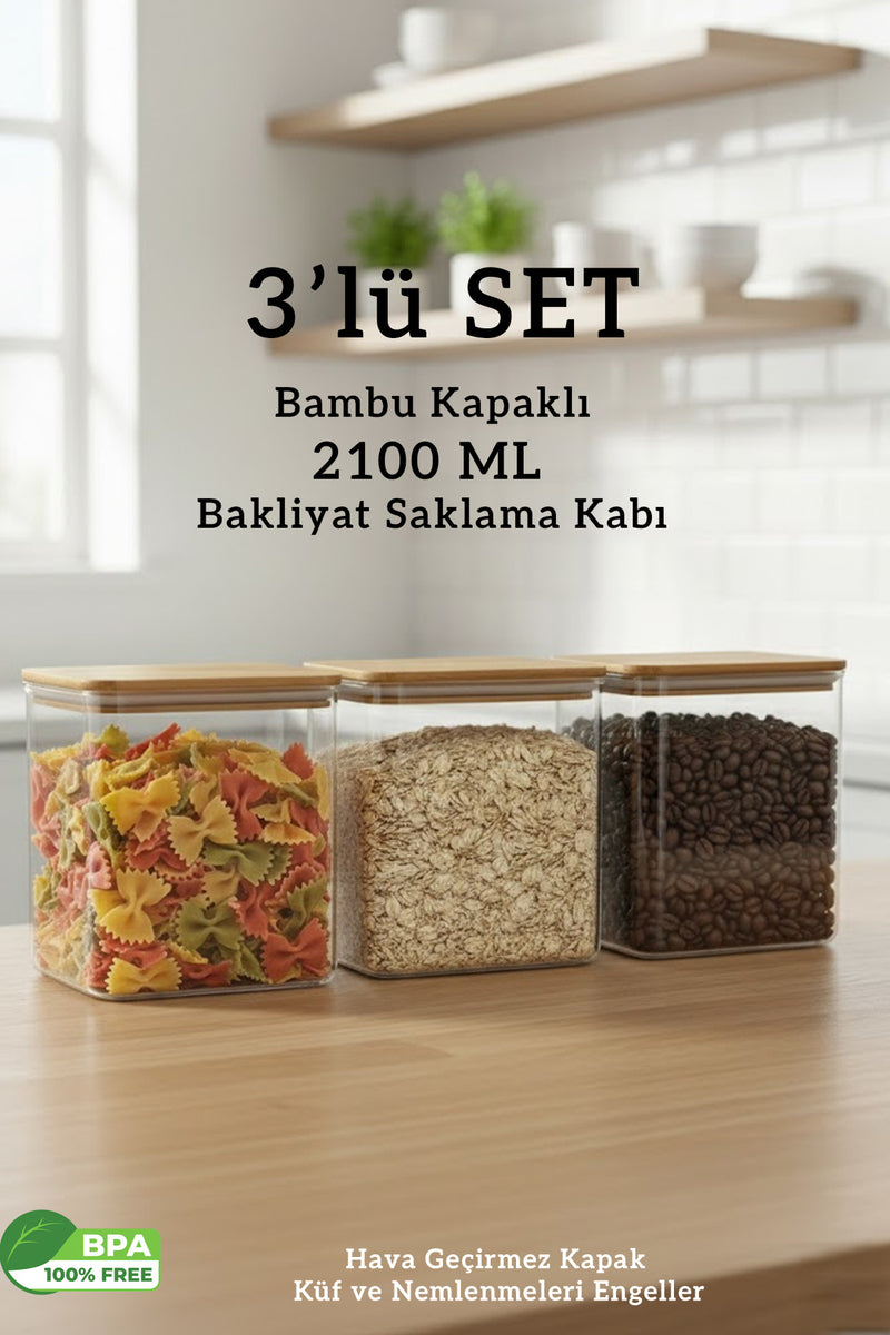 Bambu Kapaklı Dikdörtgen Hava Geçirmez Gıda Bakliyat Saklama Kabı 3’lü Set – 2100 ML