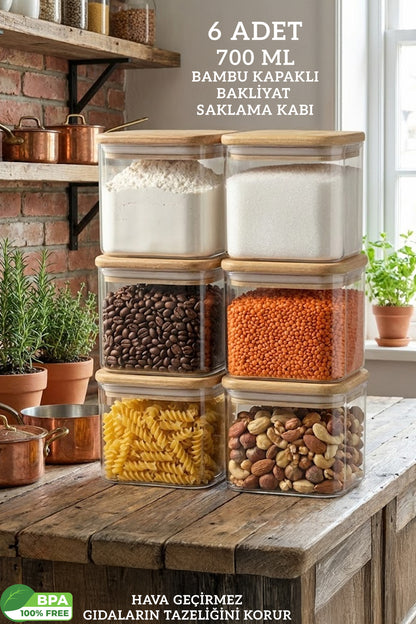Bambu Kapaklı Kare 6’lı Hava Geçirmez Gıda Saklama Kabı Set - 700 ML