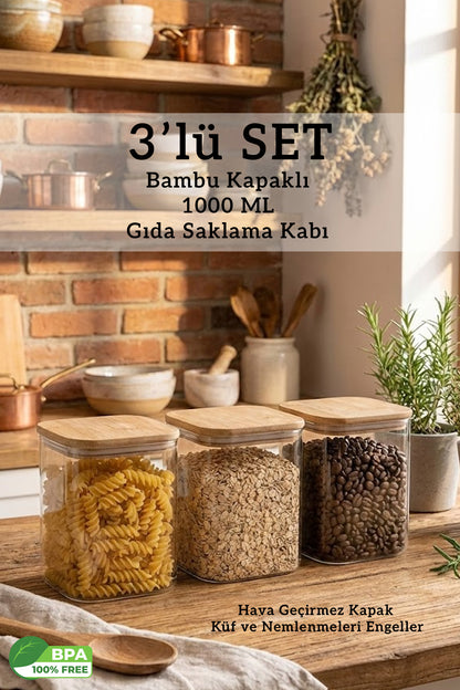 Bambu Kapaklı Kare Hava Geçirmez Gıda Bakliyat Saklama Kabı 3’lü Set – 1000 ML