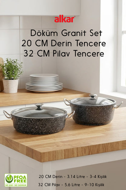 Granit Döküm 20 Cm Derin Tencere ve 32 Cm Büyük Boy Karnıyarık ve Pilav Tencere Seti