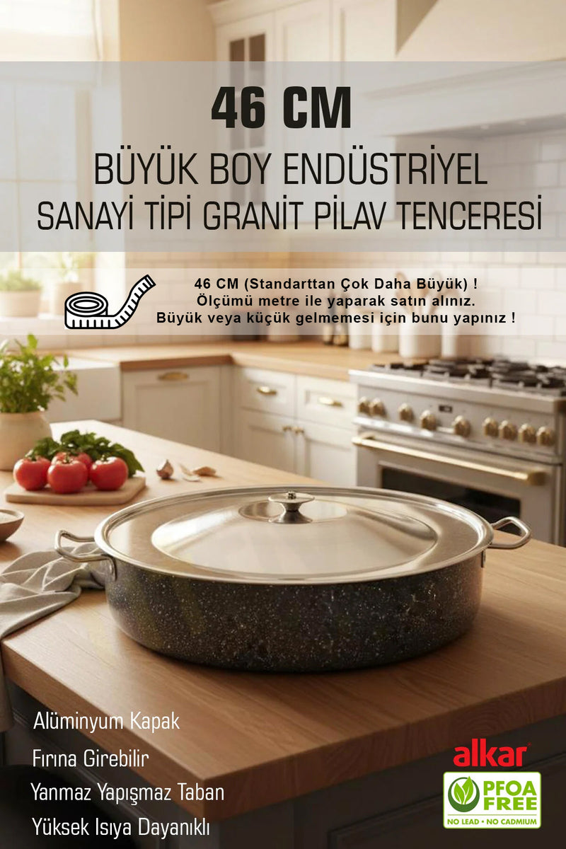46 CM Granit Büyük Boy Endüstriyel Pilav Tenceresi Yanmaz Yapışmaz Sanayi Tipi Tencere XXXL