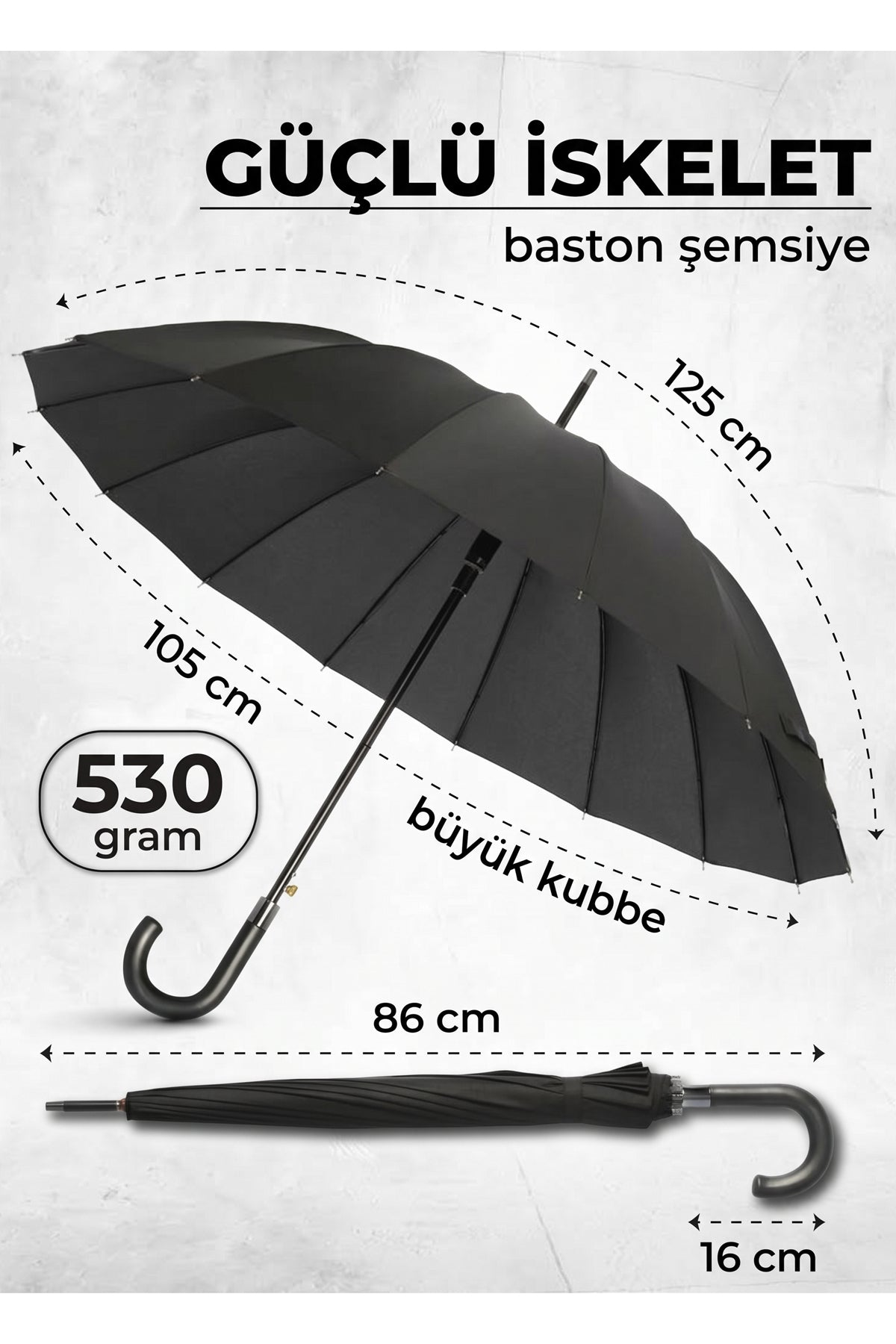 Baston Şemsiye 16 Telli Premium Kalite Geniş Kubbeli Siyah Şemsiye Kaymaz Saplı Rüzgara Dayanıklı Klasik Şemsiye