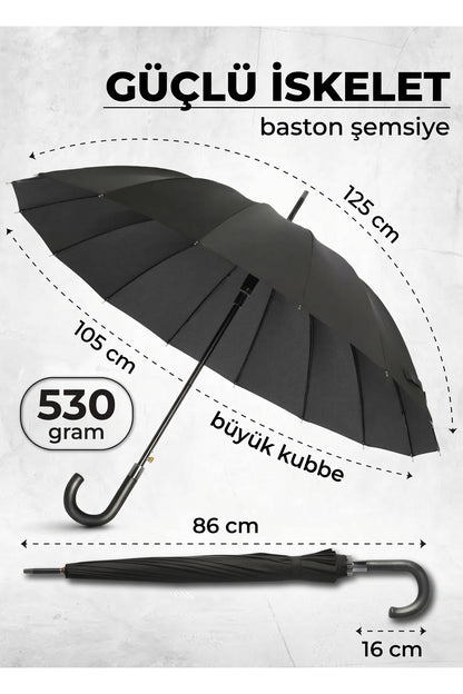 Baston Şemsiye 16 Telli Premium Kalite Geniş Kubbeli Siyah Şemsiye Kaymaz Saplı Rüzgara Dayanıklı Klasik Şemsiye