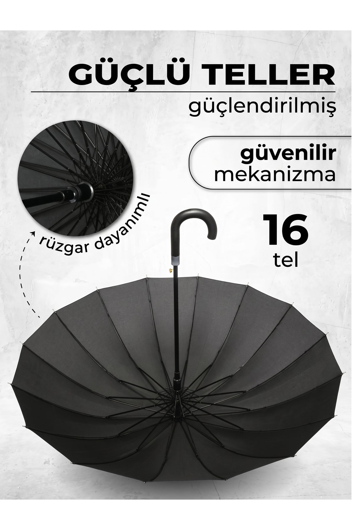Baston Şemsiye 16 Telli Premium Kalite Geniş Kubbeli Siyah Şemsiye Kaymaz Saplı Rüzgara Dayanıklı Klasik Şemsiye