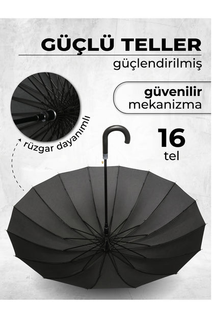Baston Şemsiye 16 Telli Premium Kalite Geniş Kubbeli Siyah Şemsiye Kaymaz Saplı Rüzgara Dayanıklı Klasik Şemsiye