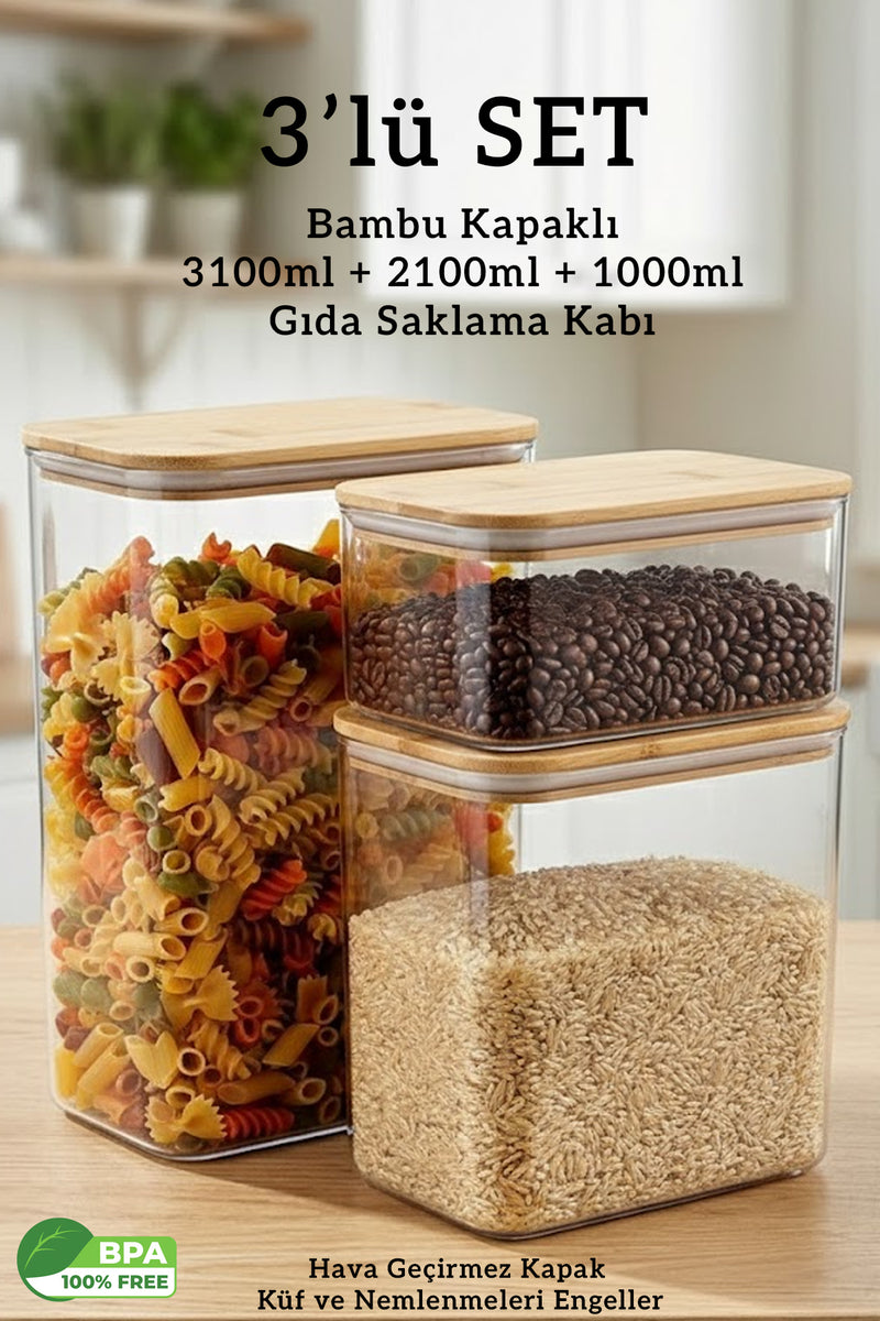 Bambu Kapaklı Dikdörtgen Hava Geçirmez Gıda Saklama Kabı Seti – 3100 ML + 2100 ML + 1000 ML