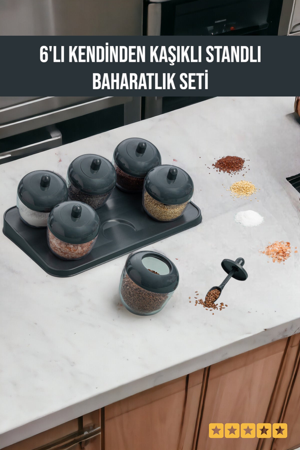 Stantlı Kendinden Kaşıklı Baharatlık Seti 6'lı Set
