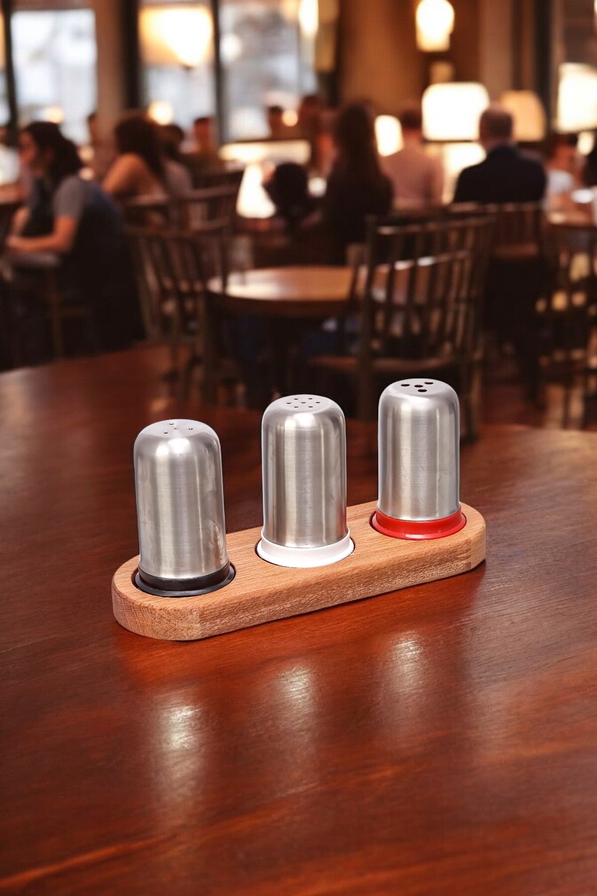 Ahşap Stantlı Baharatlık ve Tuzluk Seti 3'lü Paslanmaz Çelik Kafe Restorant