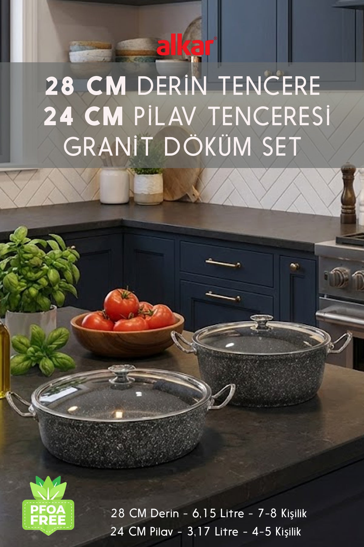 28 Cm Derin & 24 Cm Pilav Karnıyarık Granit Döküm Tencere Seti Fırına Uygun Dayanıklı