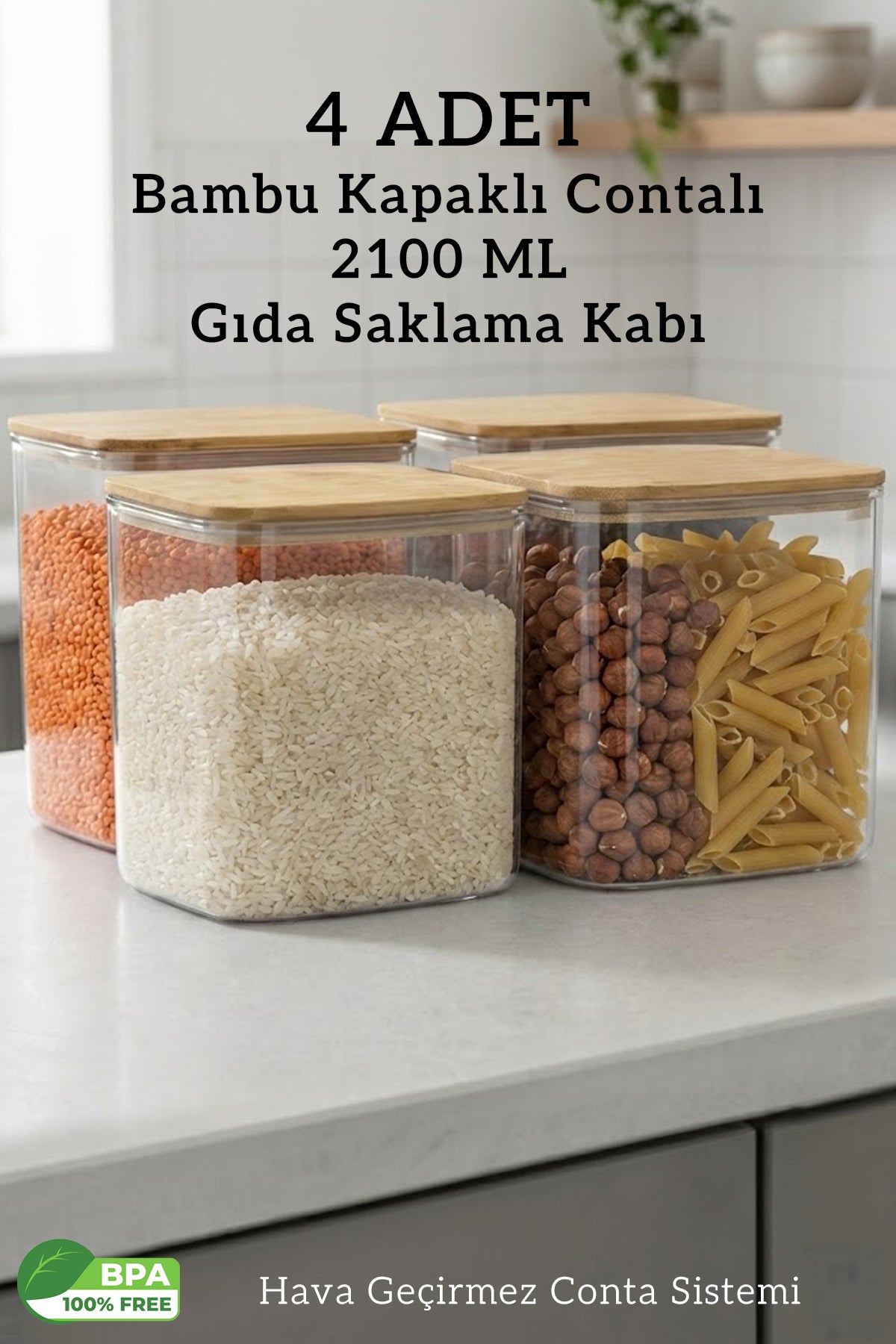 Bambu Kapaklı Dikdörtgen 4’lü 2100 ML Hava Geçirmez Gıda Saklama Kabı Seti Erzak Kabı