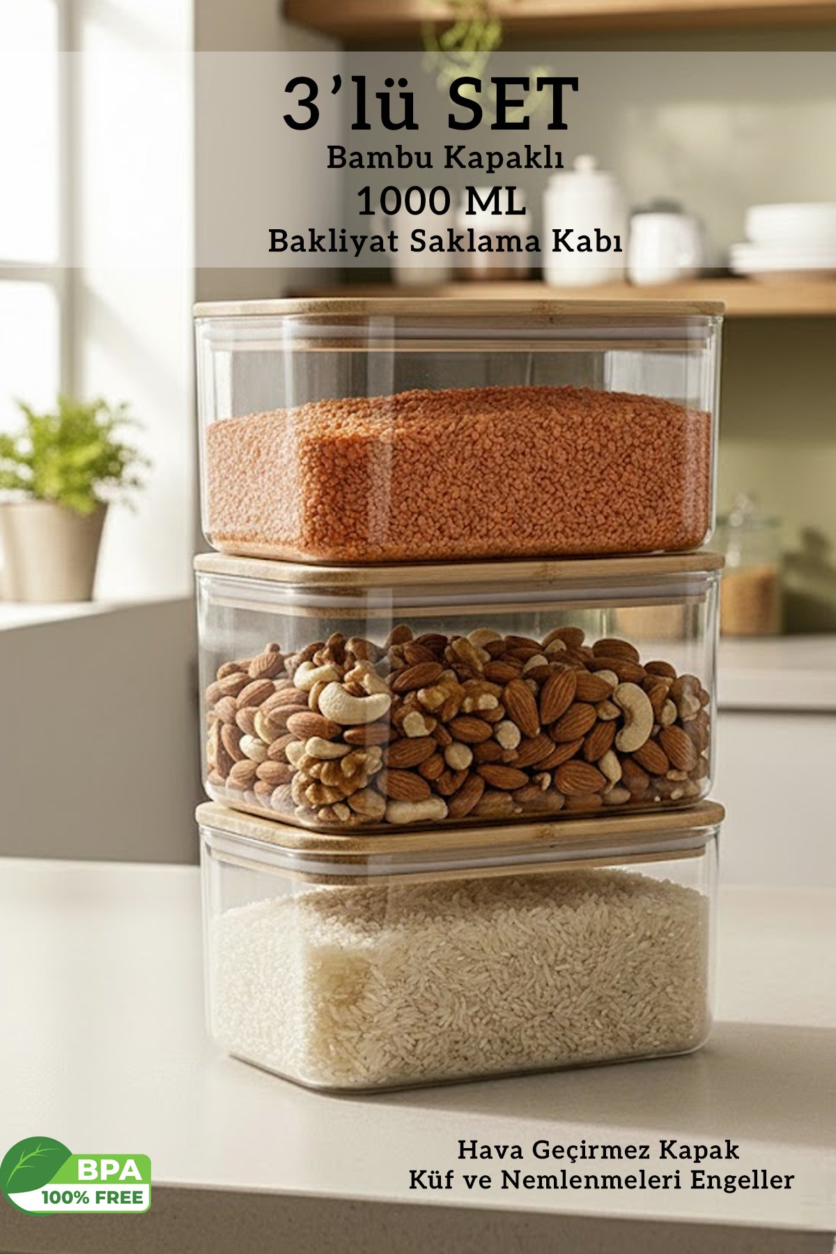 Bambu Kapaklı Dikdörtgen Hava Geçirmez Gıda Bakliyat Saklama Kabı 3’lü Set – 1000 ML