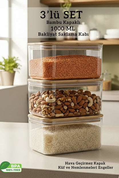 Bambu Kapaklı Dikdörtgen Hava Geçirmez Gıda Bakliyat Saklama Kabı 3’lü Set – 1000 ML