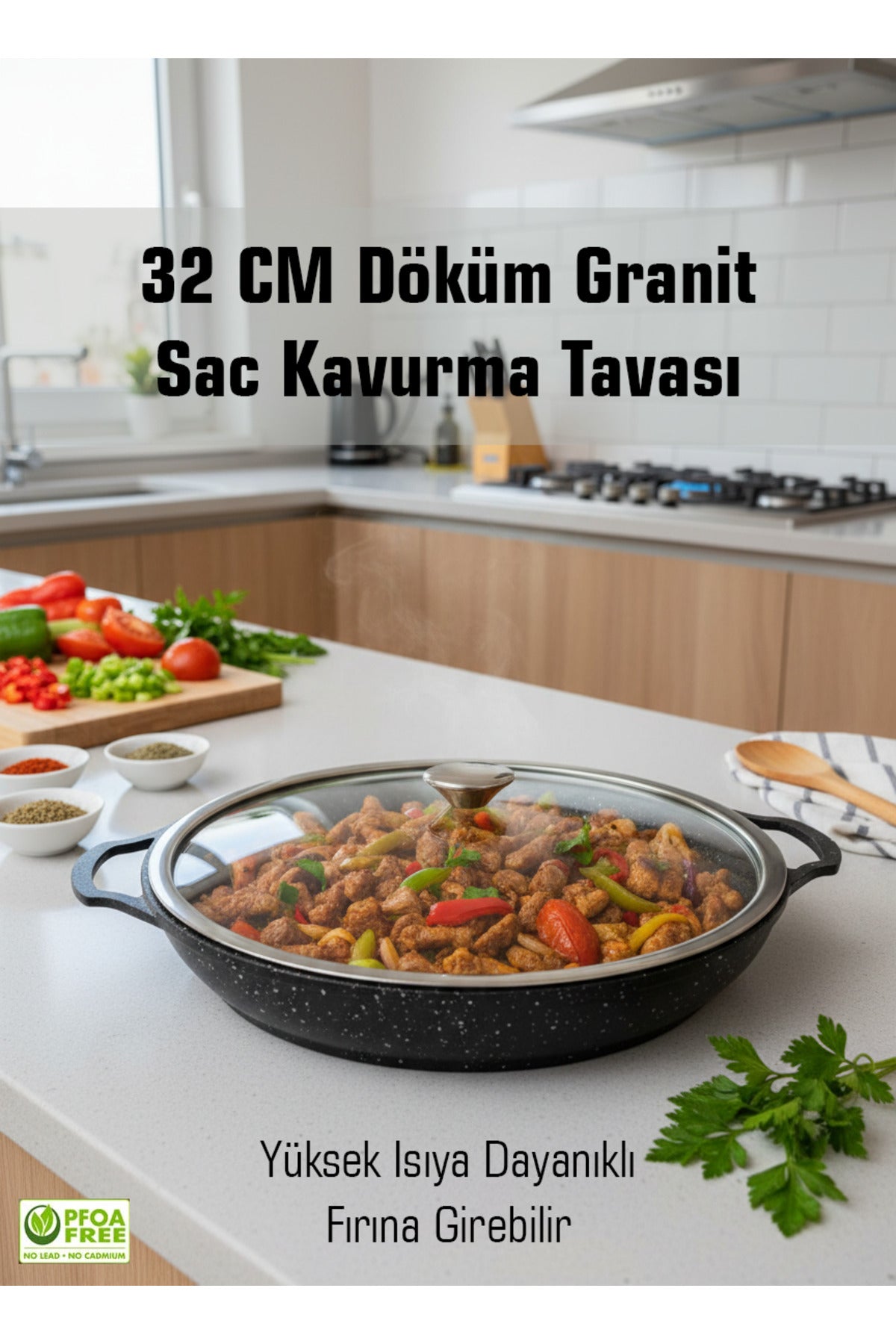 32 CM Döküm Cam Kapaklı Sac Kavurma Tavası Yanmaz Yapışmaz Fırına Girebilir