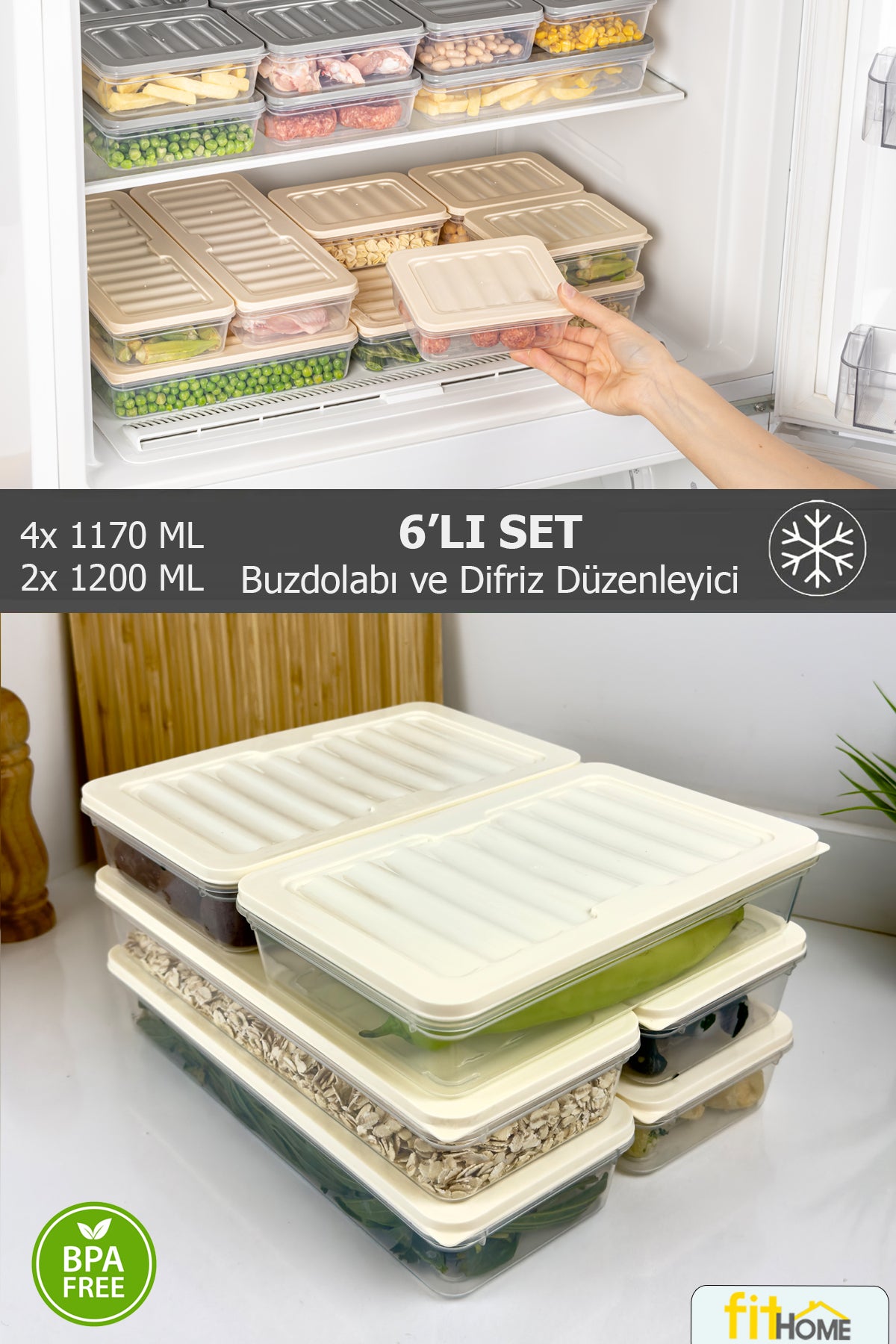 Difriz ve Buzluk Düzenleyici 6 LI Set Buzdolabı Düzenleyici Saklama Kabı 4x1170ML 2x1200ML