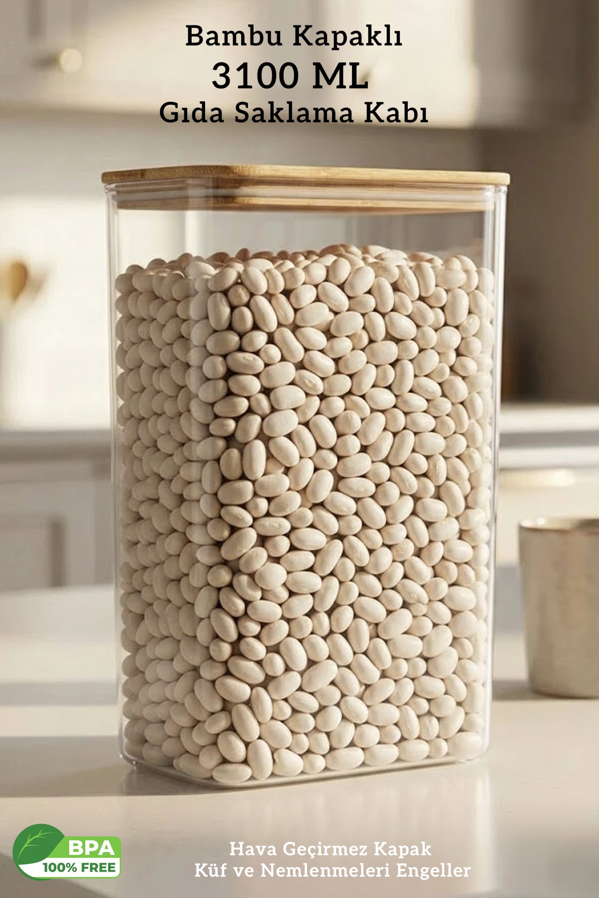 Bambu Kapak 3.1 Litre Hava Almaz Vakumlu Gıda Bakliyat Saklama Kabı - 3100 ML