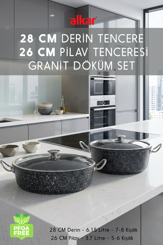2'li Fırına Girebilir 28 CM Döküm Derin Tencere ve 26 CM Döküm Pilav Tencere Seti