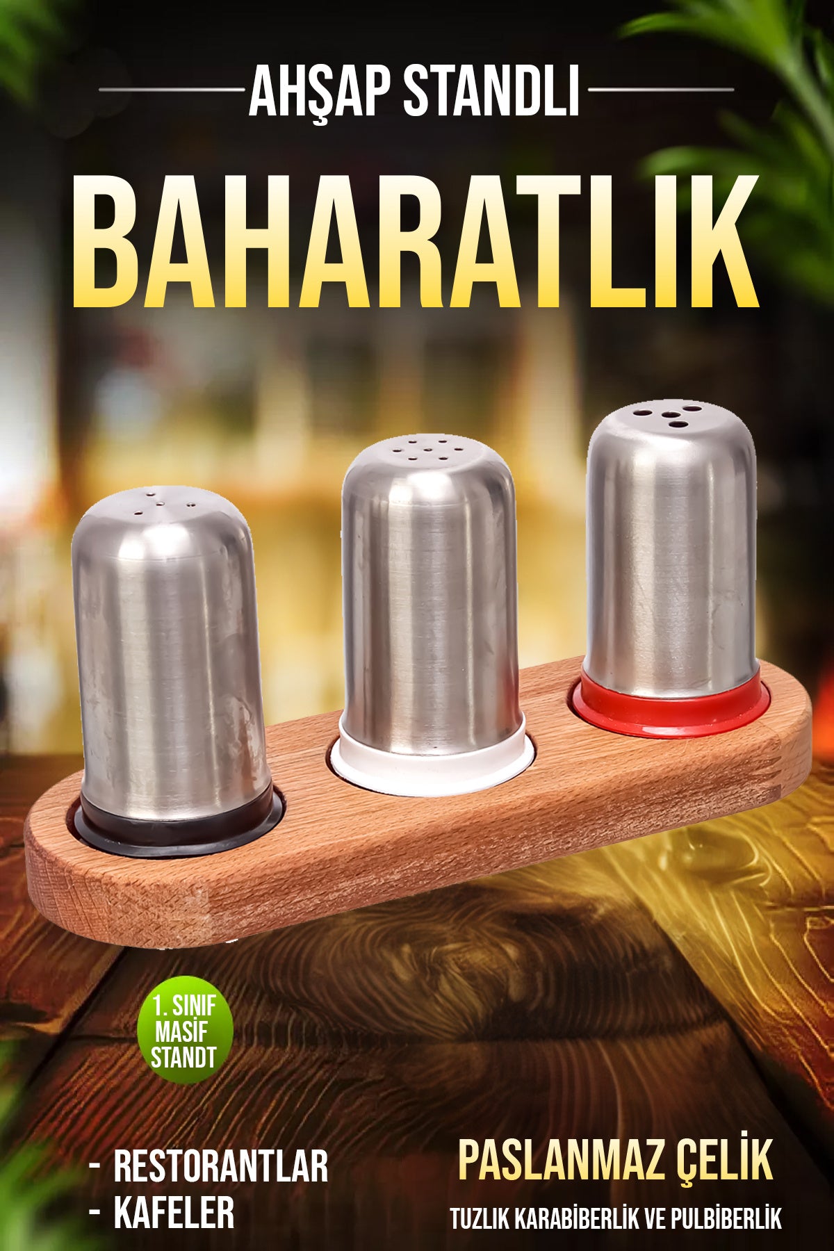 Ahşap Stantlı Baharatlık ve Tuzluk Seti 3'lü Paslanmaz Çelik Kafe Restorant