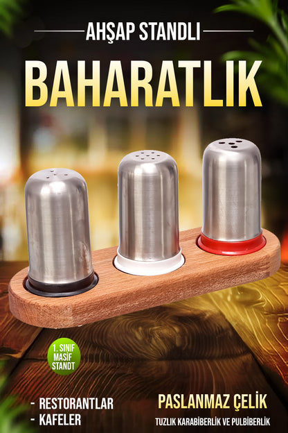 Ahşap Stantlı Baharatlık ve Tuzluk Seti 3'lü Paslanmaz Çelik Kafe Restorant