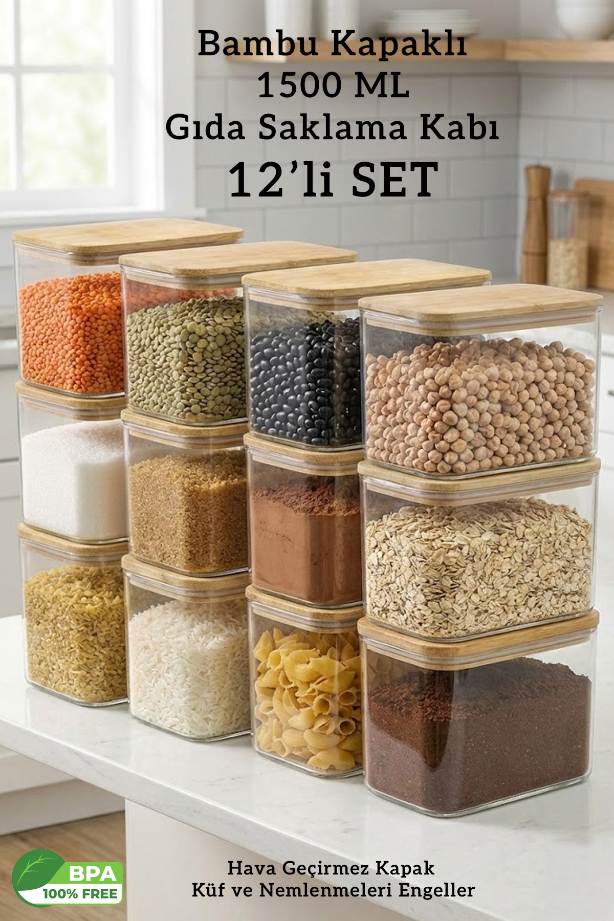 12’li Bambu Kapaklı Dikdörtgen 1500 ML Hava Geçirmez Gıda Saklama Kabı Seti – 1.5 Litre